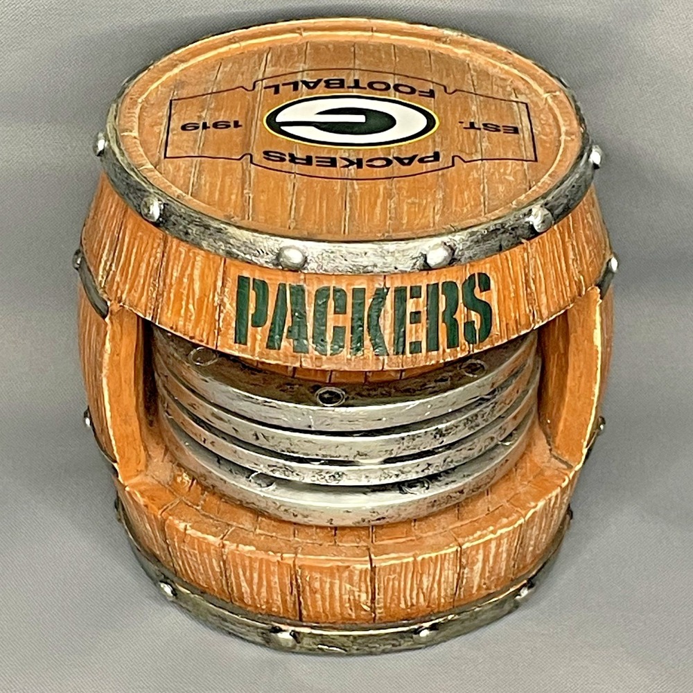 Green Bay Packers Coasters set of 4‎ Metal Trim NFL Wooden Barrel Collectible